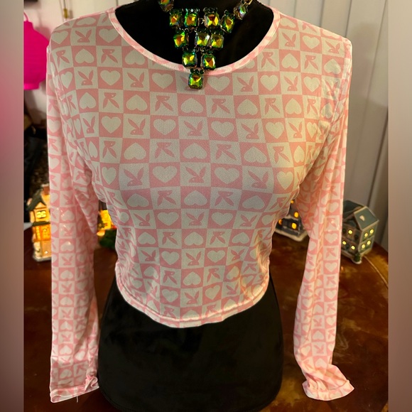 Long sleeved See through Pink and White Authentic Playboy Bunny Crop Top Sz Lrg - Picture 1 of 6